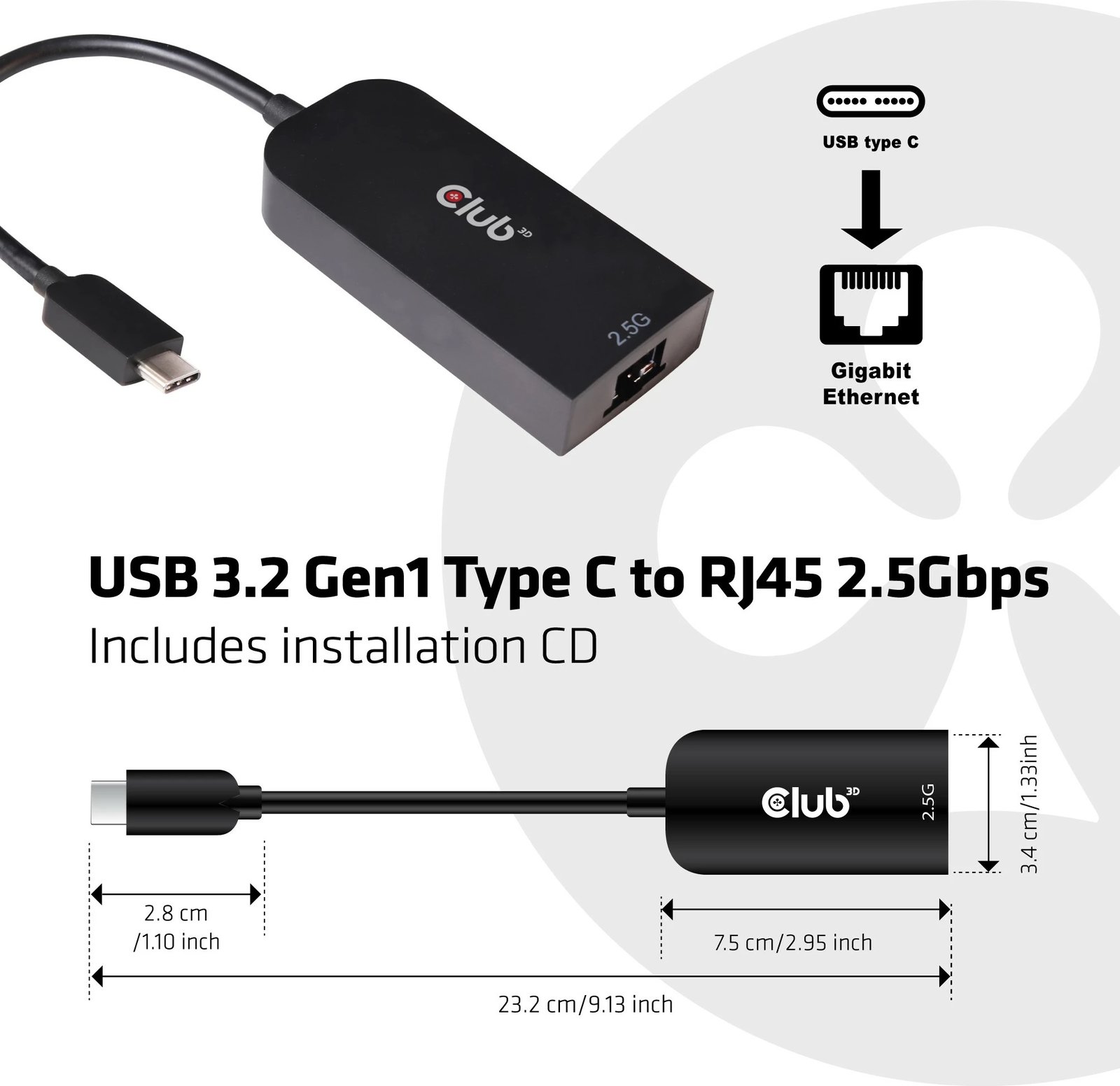 Adapter Club3D USB-C në RJ45 2.5Gbps, i zi