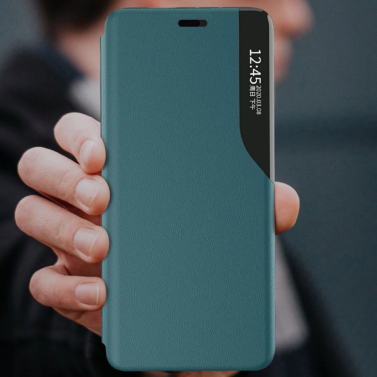 Mbështjellës Hurtel Eco Leather View Case për iPhone 13, me kapak dhe qëndrim, Portokalli