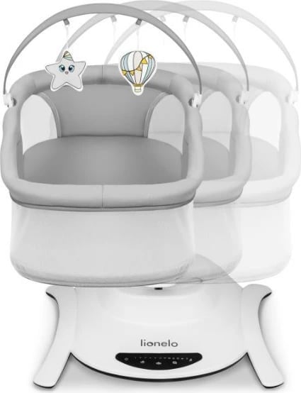 Djep lëkundës Lionelo Bella Set, 2-në-1, me muzikë, jastëk dhe lodra, Gri