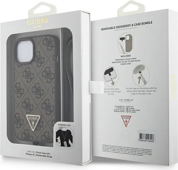 Mbështjellës Guess Crossbody 4G Metal Logo për iPhone 15/15 Plus, kafe, me rrip