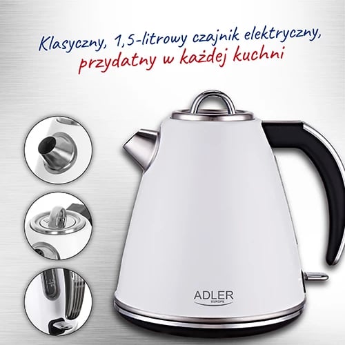Zierës uji elektrik, Adler AD 1343, 1.5 L, 1850–2200W, element inoks i sheshtë, bazë 360°, sistem sigurie STRIX, e bardhë