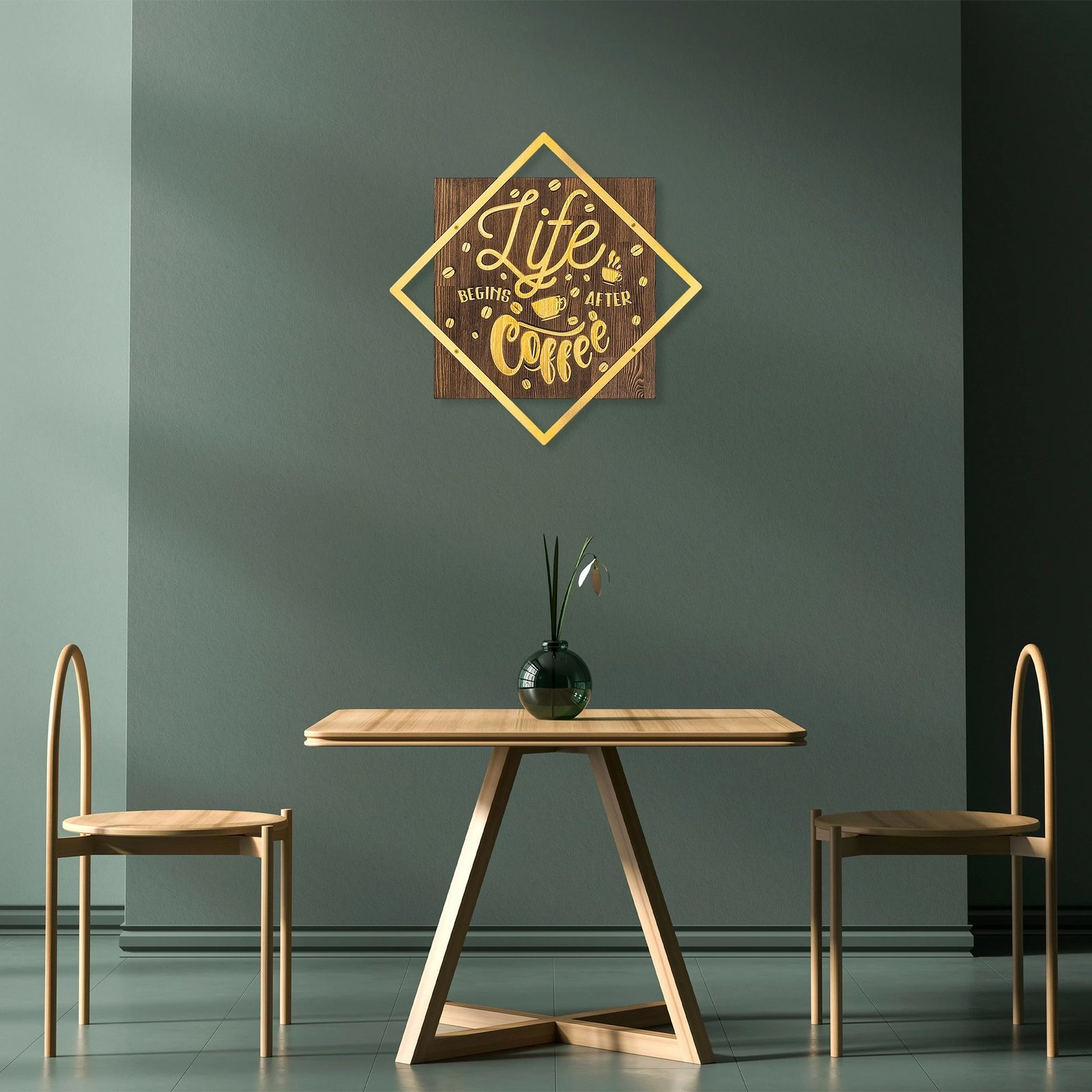 Aksesor dekorativ për mur, dru arre dhe ar, Wallity, Life Begins After Coffee
