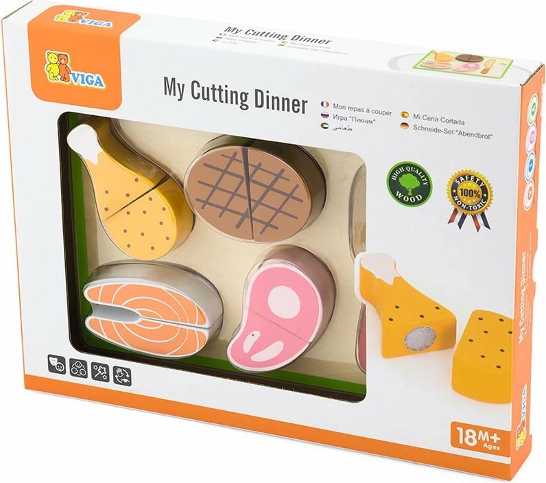 set prerjeje druri, Viga Lunch, për fëmijë 18m+, me dërrasë dhe thikë druri, 22x15x2.5 cm, multicolor