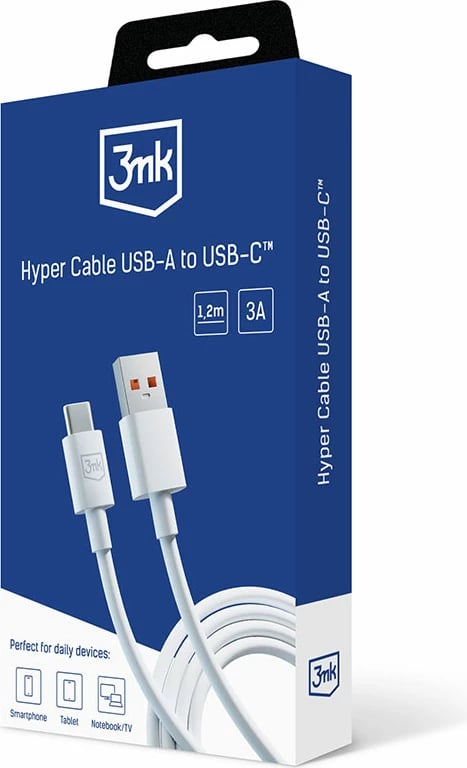 Kabllo USB-A në USB-C 3mk Hyper Cable, 1.2m, 5A, Bardhë Kabllo USB-A në USB-C 3mk Hyper Cable, 1.2m, 5A, Bardhë