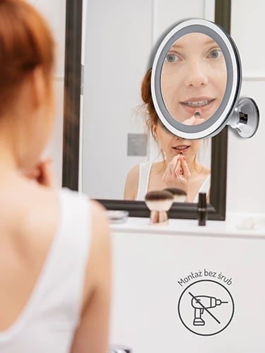 Pasqyrë LED banjoje, Adler AD 2168, zmadhim 5x, diametër 20 cm, 24 LED, rrotullim 360°, IPX4, montim me vakum, me bateri 3xAAA