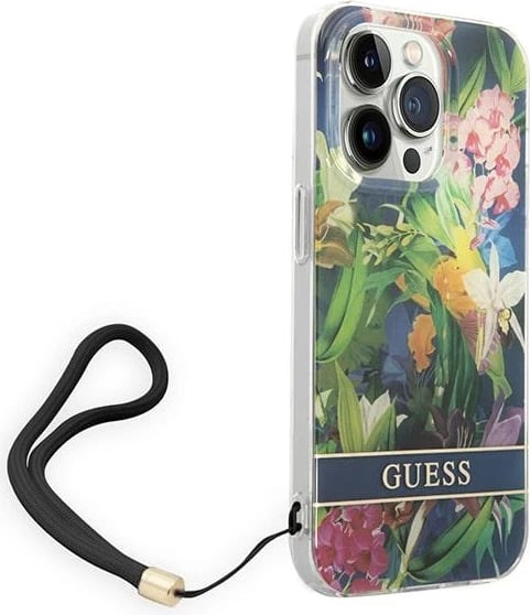 Mbështjellës Guess Flower Strap për iPhone 14 Pro Max 6.7", me varëse, Blu