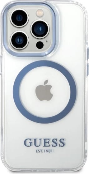Mbështjellës Guess Metal Outline Magsafe për iPhone 14 Pro Max 6.7", kaltër/transparente