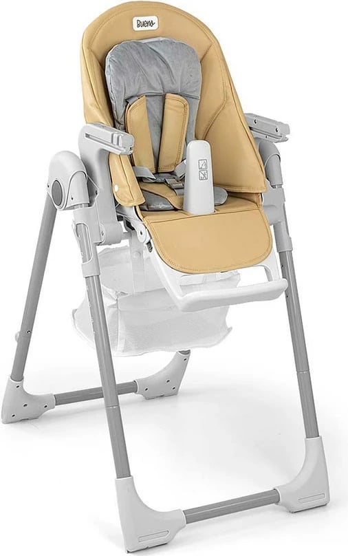 karrige e lartë për ushqim, Milly Mally Bueno, 7 nivele lartësie, shpinore reclinueshme, rripa 5-pikësh, deri 15 kg, 6–36 muaj, bezhë