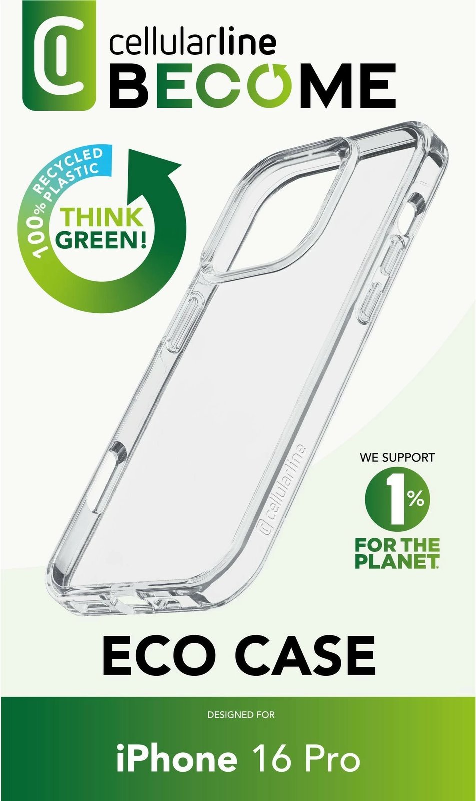 Mbështjellës Cellular Line Become Eco Case për iPhone 16 Pro, 100% plastikë e ricikluar, transparent