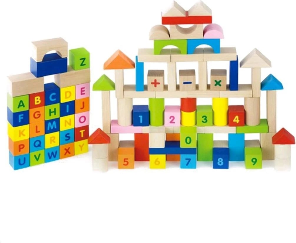 Blloqe druri për fëmijë, Viga, Letters and Numbers, 100 copa, multikolor