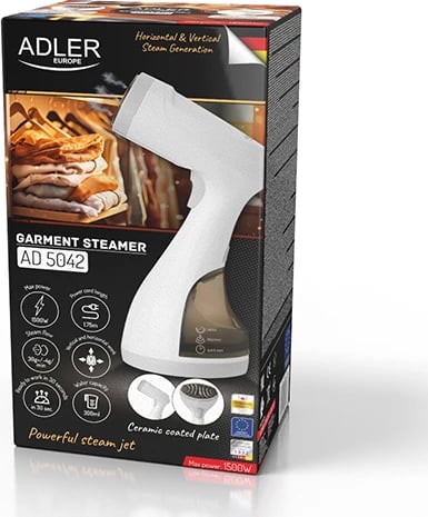 Hekur me avull rrobash, Adler, AD 5042, 1500W, 27 g/min, depozitë 280 ml, ngrohje 30s, kabllo 1.7 m, me furçë, e bardhë