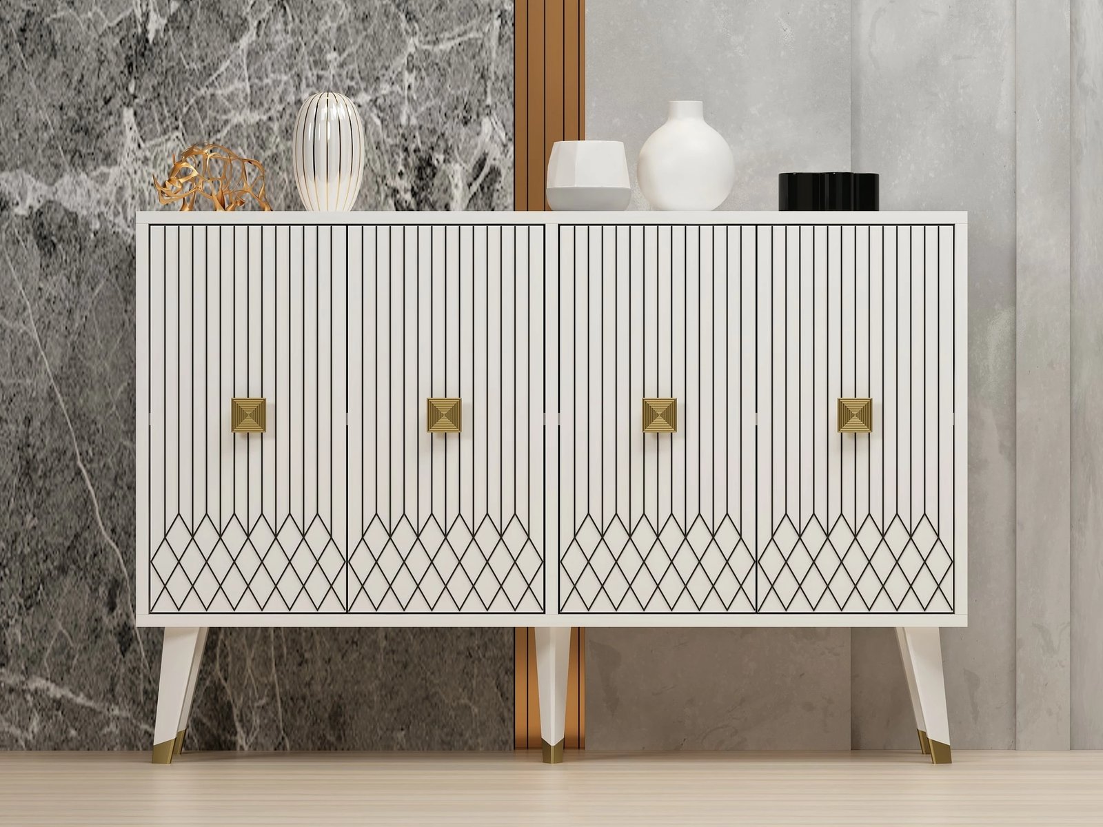 Konsol Hanah Home, e bardhë me të artë, Carbın