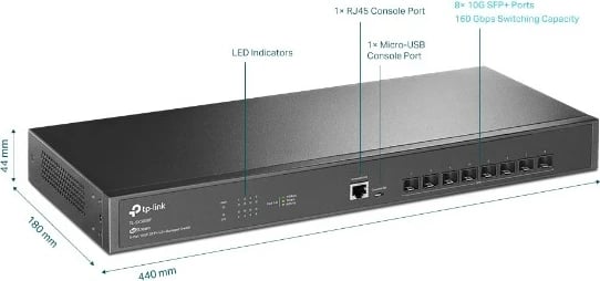 Switch i menaxhuar TP-LINK TL-SX3008F, 8x SFP+, rack, i zi