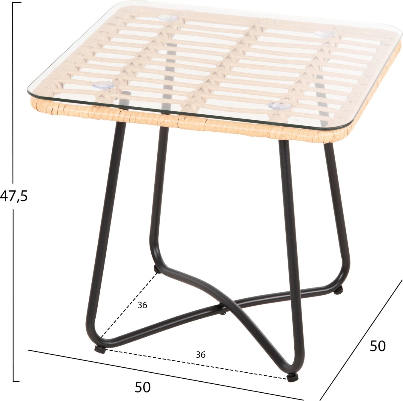 Tavolinë kafeje GERRY FH5717.11 p.e. rattan, kornizë metalike e zezë, 50x50x47,5 cm