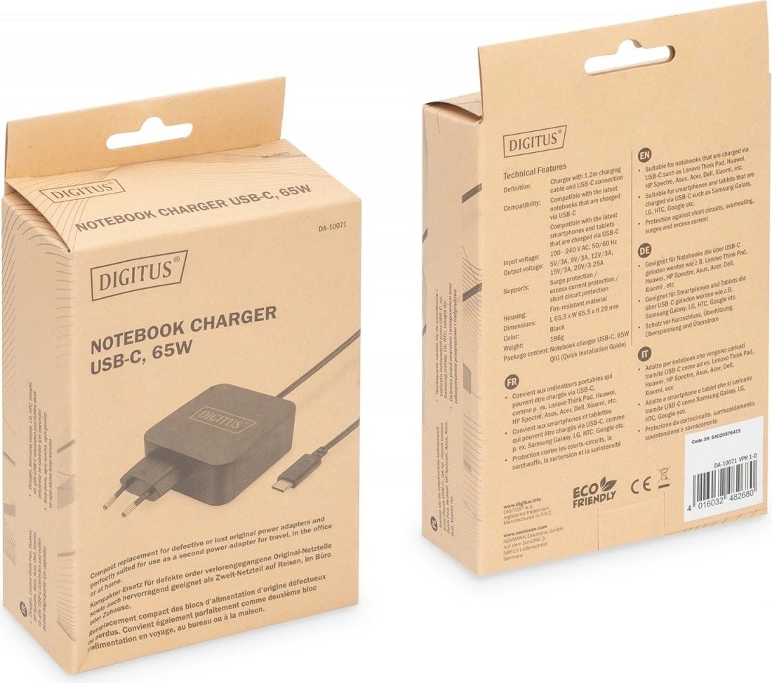 Karikues rrjeti Digitus DA-10071, 65W, USB-C PD 3.0, kabllo 1.2m, zi Karikues rrjeti Digitus DA-10071, 65W, USB-C PD 3.0, kabllo 1.2m, zi
