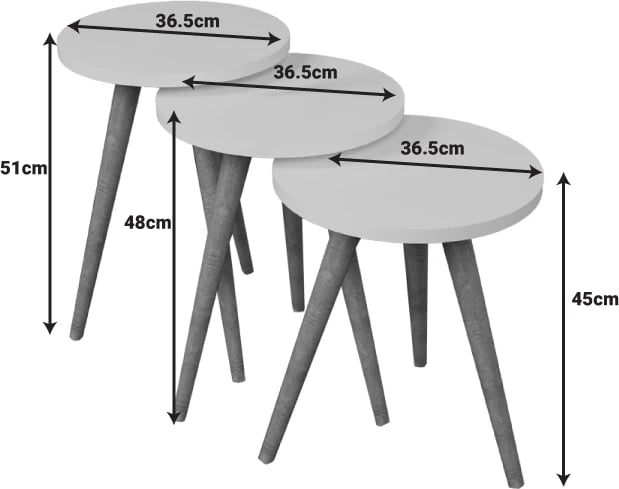 Tavolina anësore Perjene set prej 3 copash melaminë dhe dru, ngjyrë natyrale