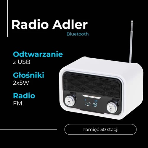 Radio Bluetooth Adler AD 1185, FM, USB/SD/AUX, stereo 2x5W, bateri 1800 mAh, me orë, e bardhë