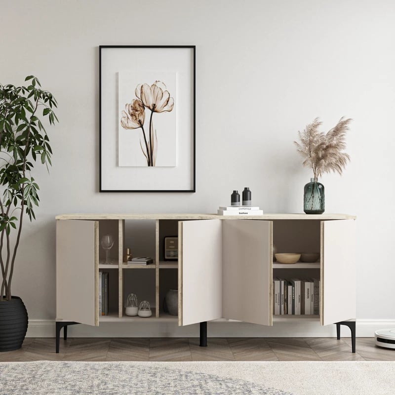 Sideboard Vetine ngjyrë gri-bezhë, sipërfaqe me pamje mermeri, 180x45x80cm