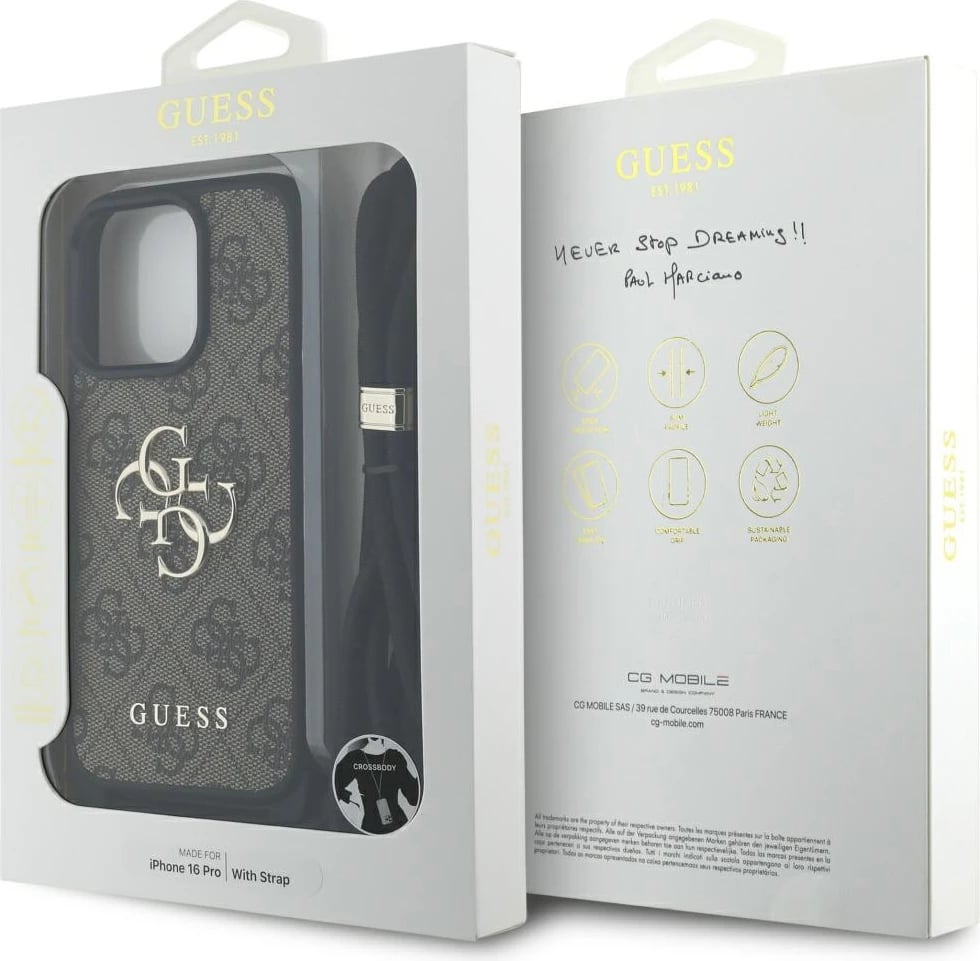 Mbështjellës Guess 4G Big Logo Cord Stap Crossbody për iPhone 16 Pro, Kafe