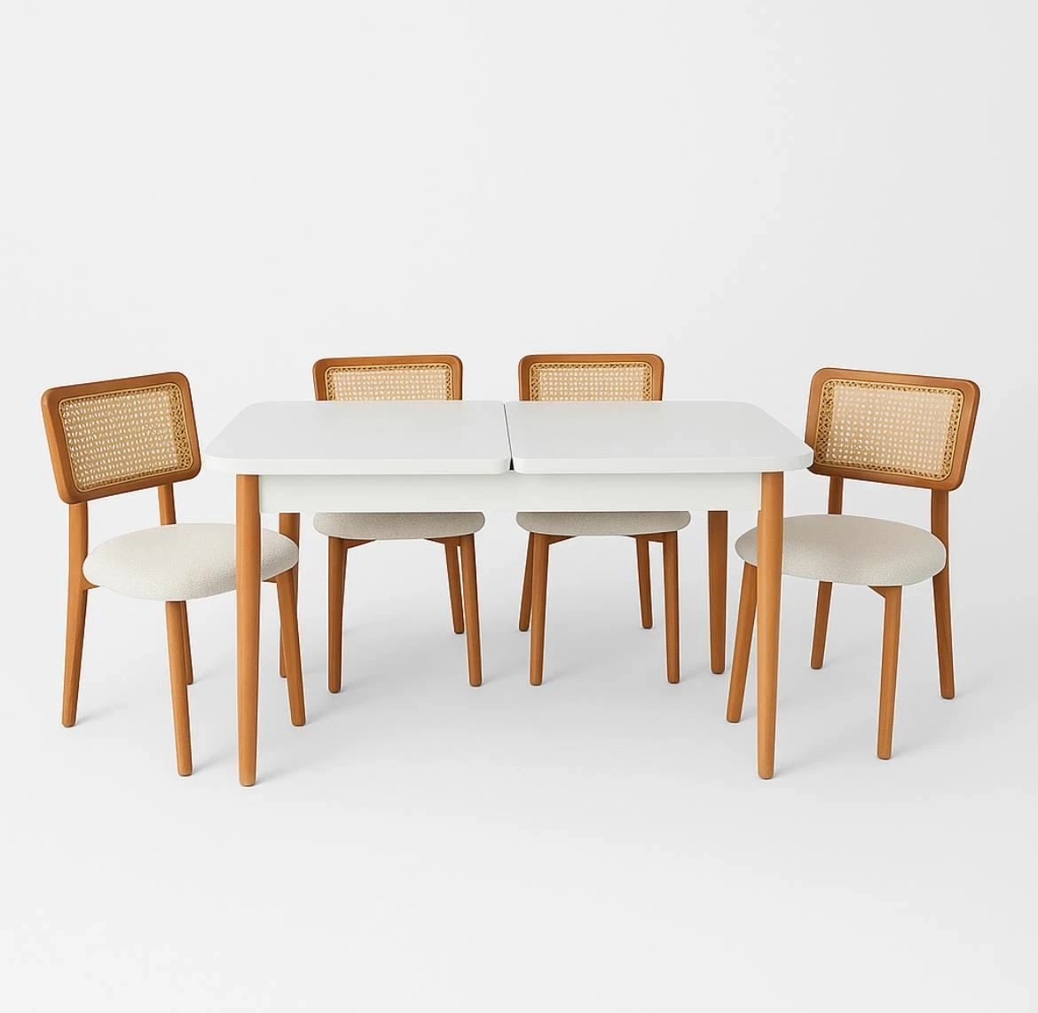 Tavolinë me karrige, zgjatshme, 5 copë, Skye Decor, ngjyrë dru e bardhë, lis