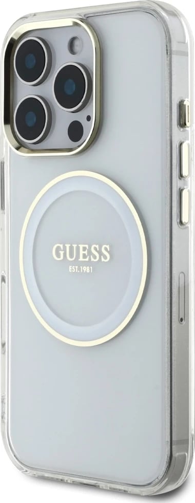 Mbështjellës Guess IML Metal Colored Circle Classic Logo MagSafe për iPhone 16 Pro, Bardhë