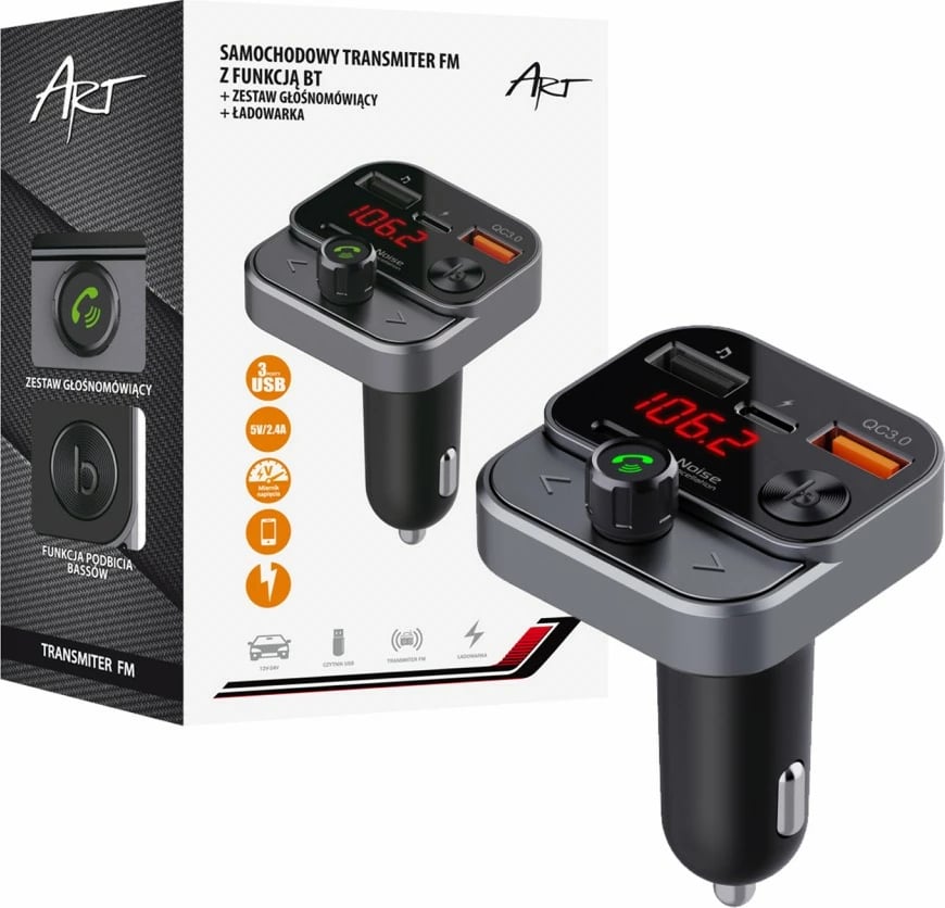 Transmetues FM për veturë ART MP3TR FM-84B, Bluetooth, USB QC3.0, Ekran LED, Zezë/Grafit