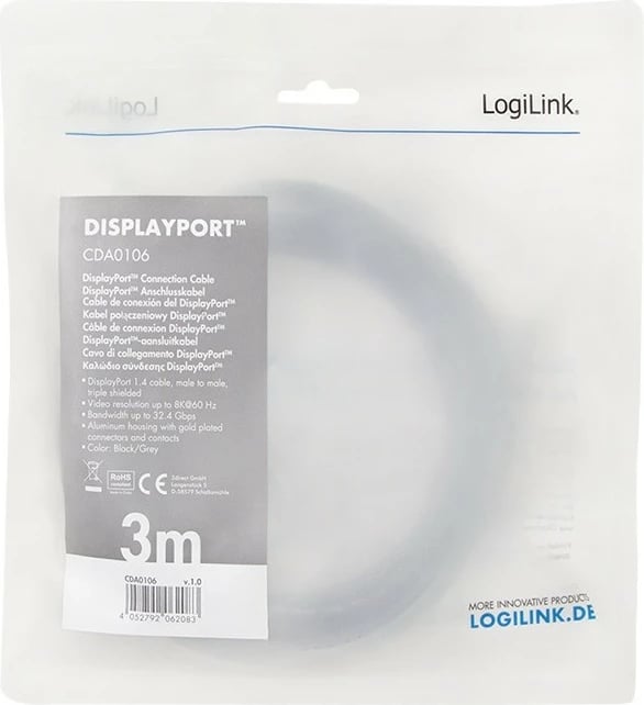 Kabllo DisplayPort LogiLink CDA0106, 3m, 8K/60Hz, E zezë/Gri