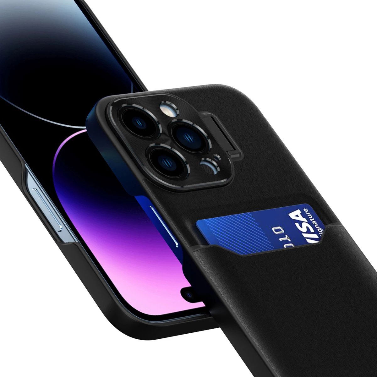 Mbështjellës Hurtel Leather Stand Case për iPhone 14 Plus, me xhep për kartela dhe mbajtëse, e zezë