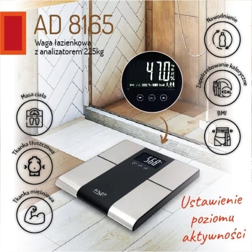 Peshore banjoje analitike, Adler, AD 8165, kapacitet 225 kg, ekran LCD XL, 10 përdorues, modalitet sportist, e zezë/argjendtë Peshore banjoje analitike, Adler, AD 8165, kapacitet 225 kg, ekran LCD XL, 10 përdorues, modalitet sportist, e zezë/argjendtë