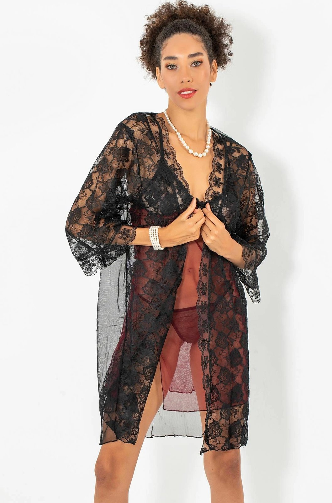 Set fustan nate me mëngjes, ngjyrë e kuqe Claret, Jumeon, 011-008004