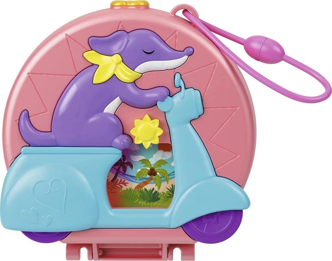 Set lodrash Polly Pocket Adventure Moped Compact me 2 kukulla të vogla dhe kafshë lodër, shumëngjyrëshe