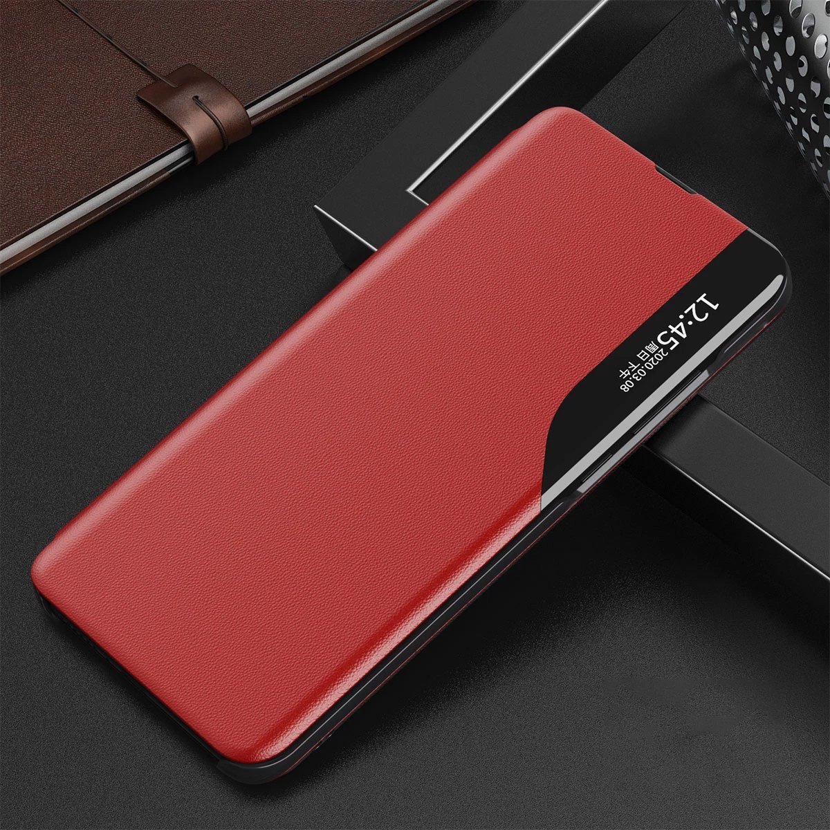 Mbështjellës Hurtel Eco Leather View Case për Samsung Galaxy S22+, me kapak dhe mbajtëse, Kuq