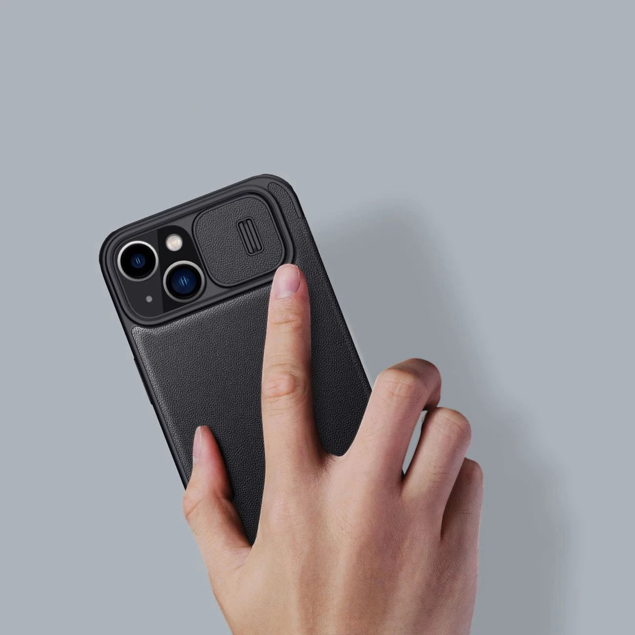 Mbështjellës Nillkin Qin Cloth Pro Case për iPhone 14 Plus, me kapak dhe mbulesë kamere, Gri