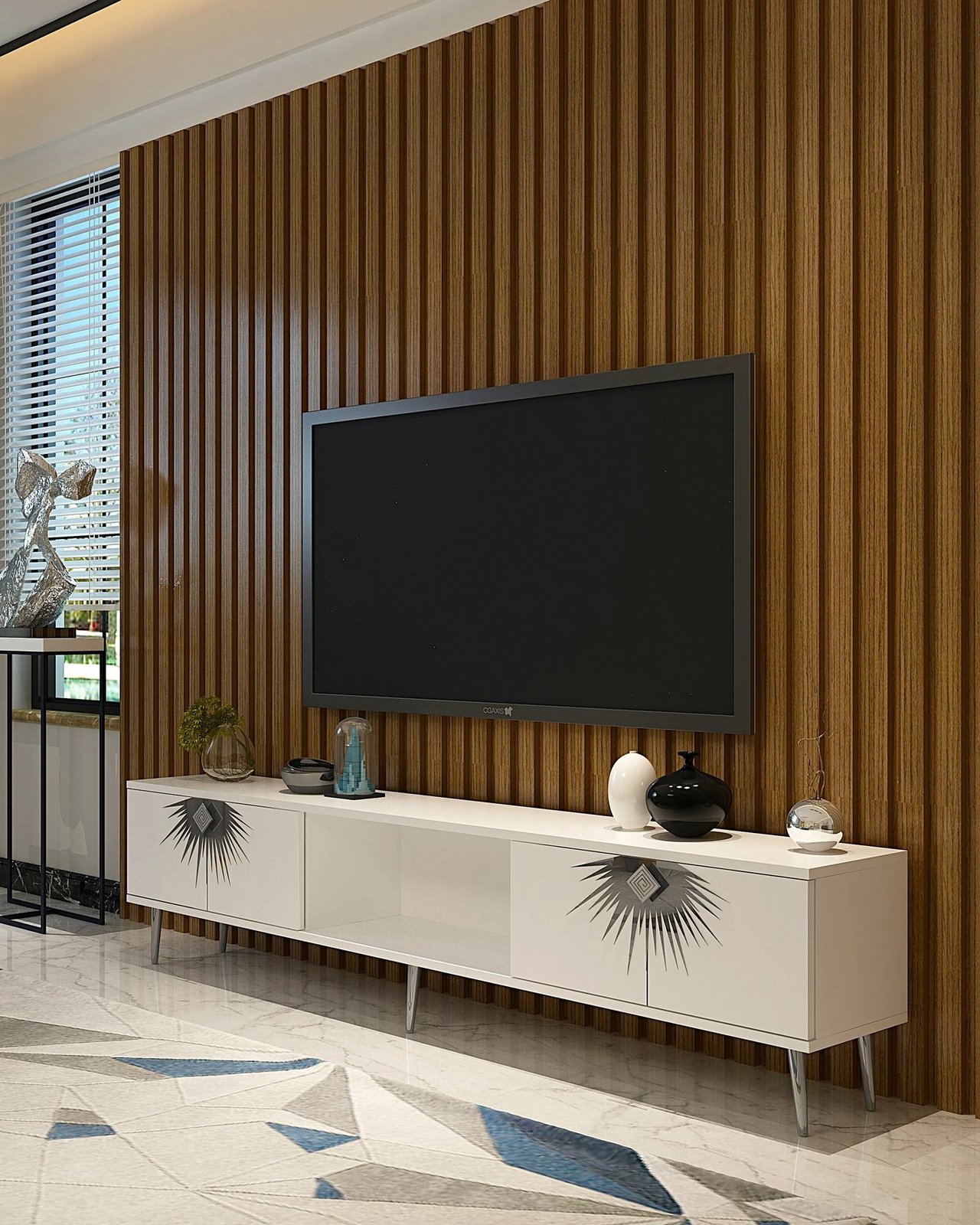 Komodë TV Skye Decor, e bardhë, argjend