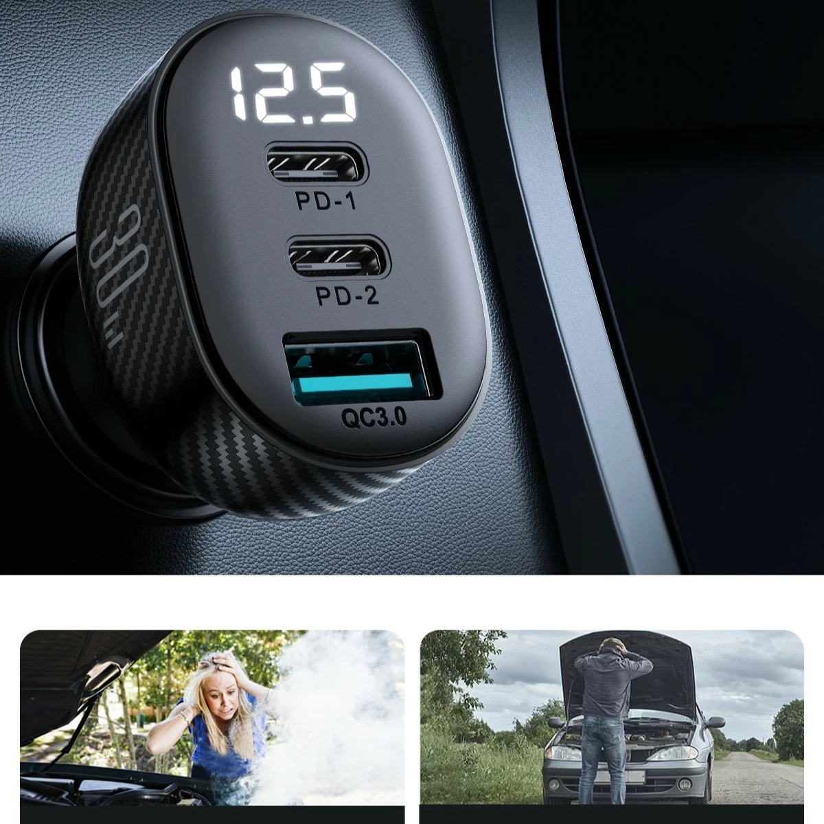 Karikues veture Joyroom JR-CCD04, 30W, 2x USB-C, USB-A, me ekran, i zi