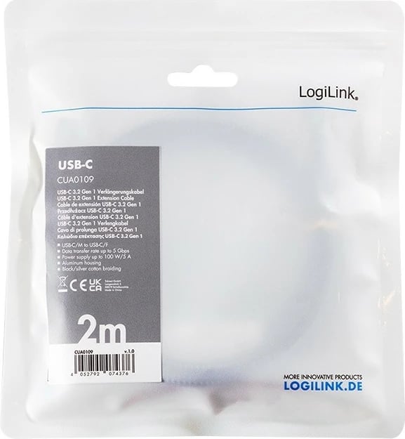Kabllo USB-C LogiLink CUA0109, 2m, USB 3.2 Gen1, Power Delivery, Zgjatues, E zezë