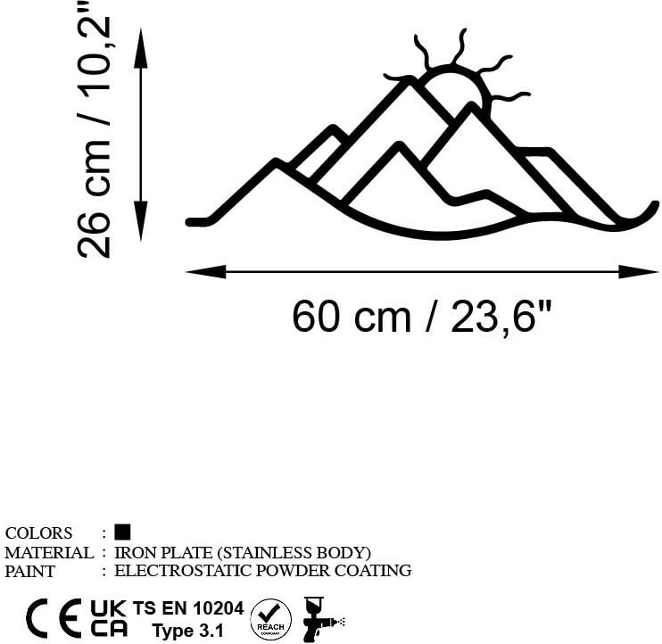 Aksesor dekorativ metalik për mur, male dhe diell, Wallity