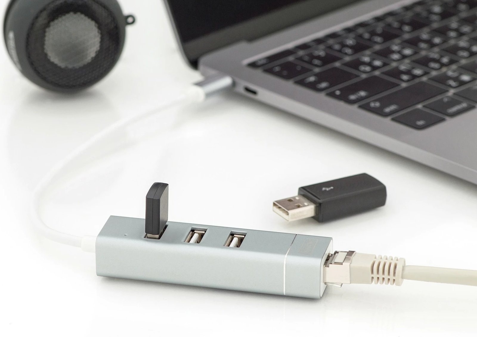 Hub USB Digitus, 3 porte, Ethernet, Alumini