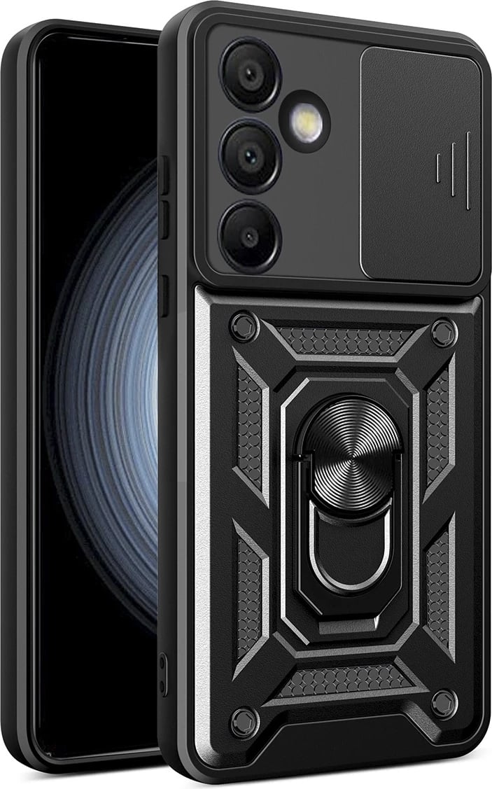 Mbështjellës Hurtel Hybrid Armor Camshield për Samsung Galaxy A56, me kapak kamere dhe mbajtëse, zi
