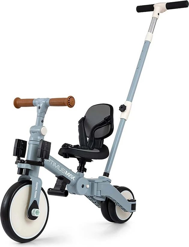 tricikël 5‑në‑1 me dorezë prindi, Milly Mally, Optimus Max, rrota shkumë, sedile e rregullueshme, 12–36 muaj, blu denim