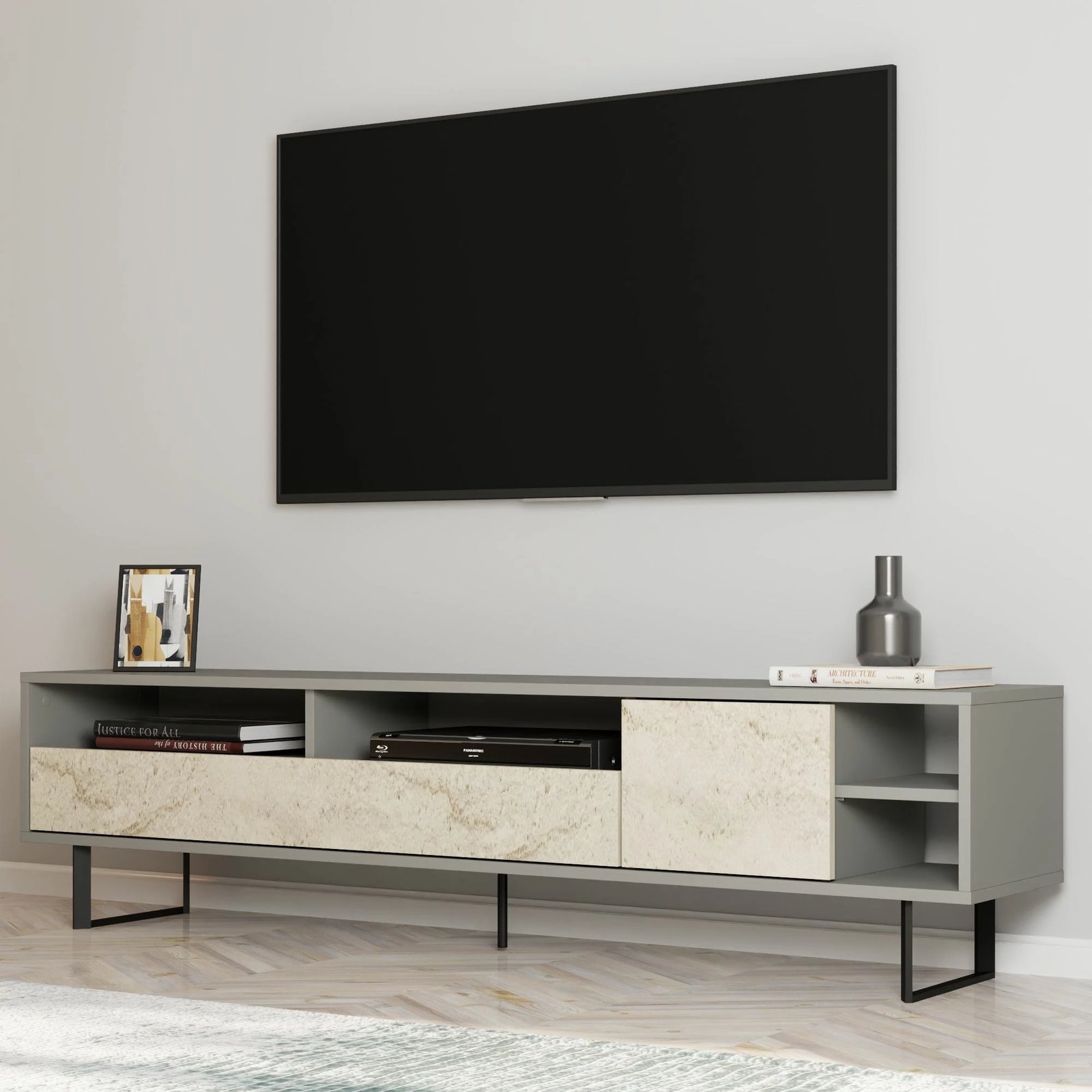 Komodë TV Skye Decor, ngjyrë gri, travertin