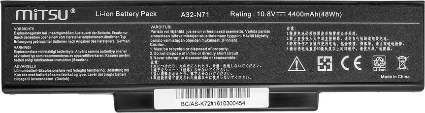 Bateri laptop Mitsu BC/AS-K72 për Asus K72, K73, N73, X77, 4400 mAh, 6 qeliza, e zezë