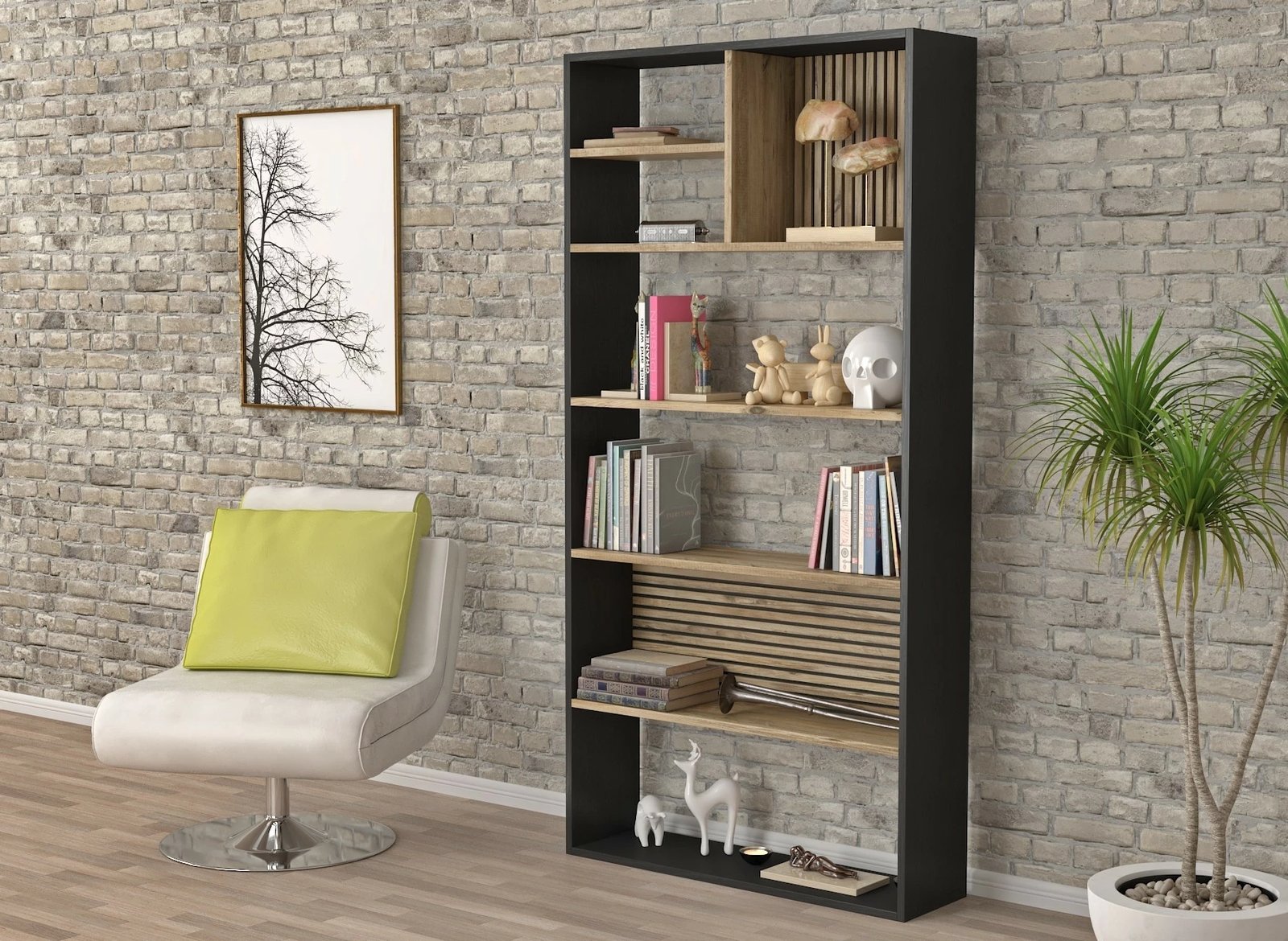 Raft librash Hanah Home, FRN-9013, ngjyrë druri, e zezë, Atlantic Pine, 90x180x25cm