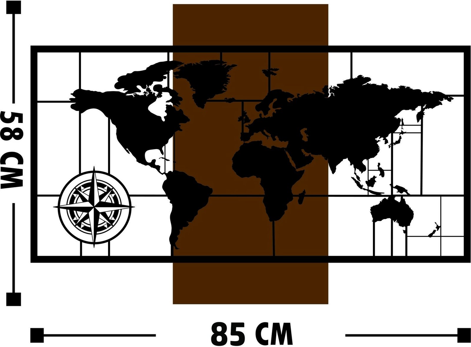 Aksesor dekorativ muri prej druri, hartë bote me busull, ngjyrë arre/zezë, 58x85cm