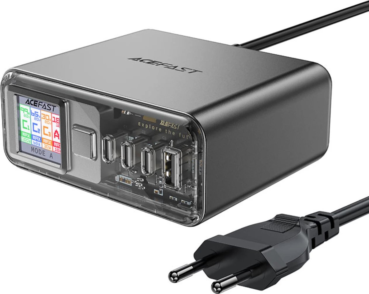 Adapter multifunksional Acefast Z4, 218W, 3x USB-C + 1x USB-A, ekran TFT, Gri