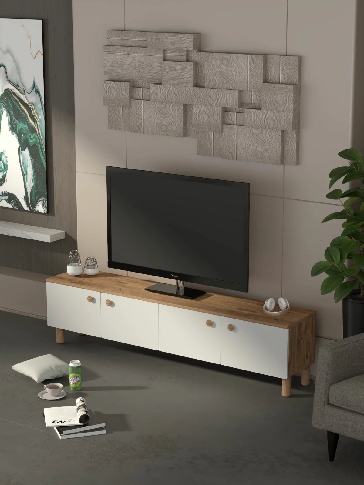 Komodë TV Skye Decor, ngjyrë pishë Atlantike dhe e bardhë, Norvella