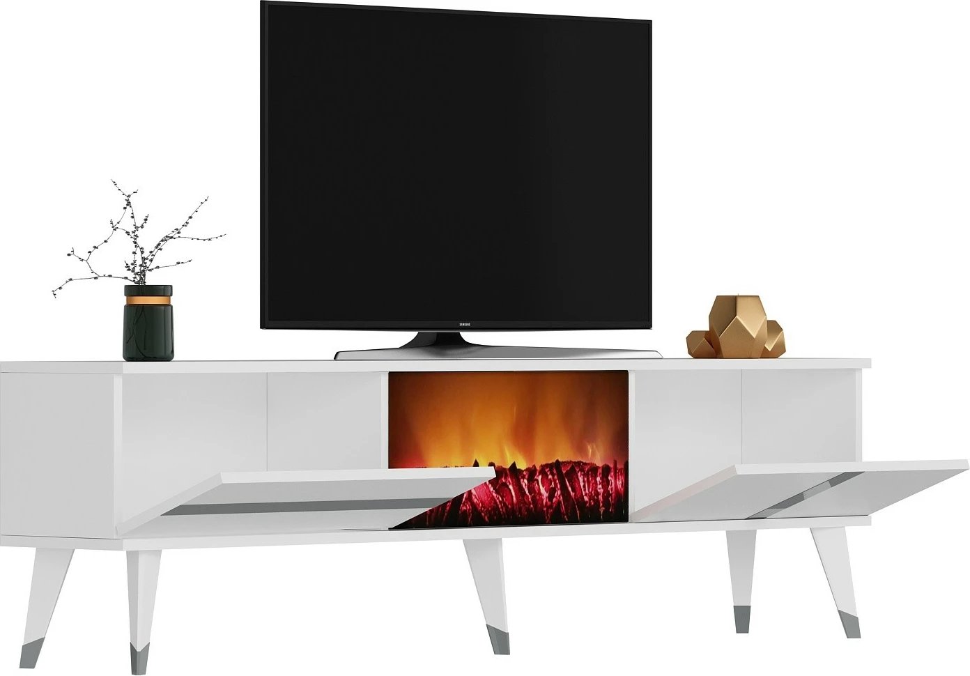 Komodë TV me oxhak elektrik, ngjyrë e bardhë dhe argjendtë, Vania Fireplace