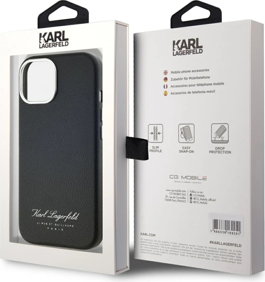 Mbështjellës Karl Lagerfeld Hotel RSG për iPhone 15, lëkurë ekologjike, i zi