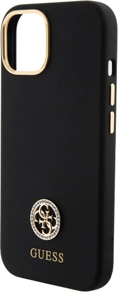 Mbështjellës Guess Silicone Logo Strass 4G për iPhone 15, i zi