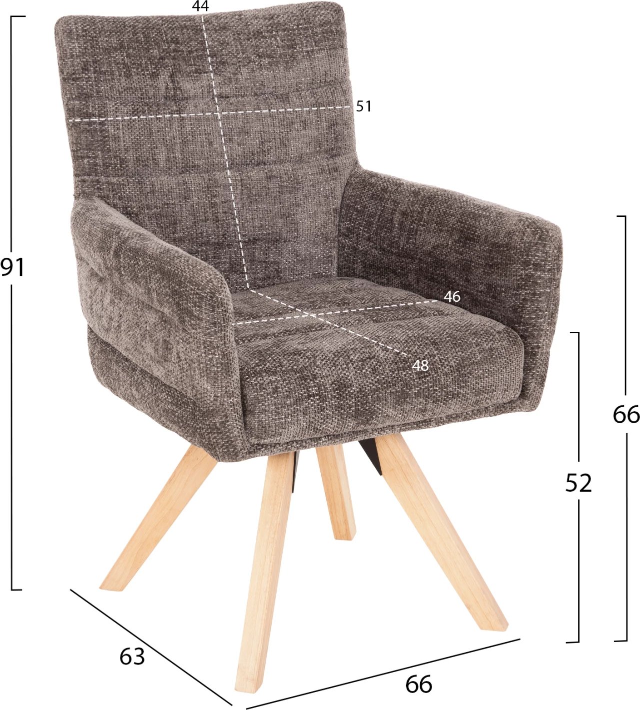 Karrige ngrënieje GAZER FH9845.03, pëlhurë gri, këmbë druri gome, 66x63x91H cm